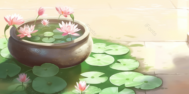 夏日池塘与水缸的荷花盛开清新淡雅荷花插画设计素材壁纸,插画/手绘图,插画/手绘图库,插画/手绘图下载,插画/手绘